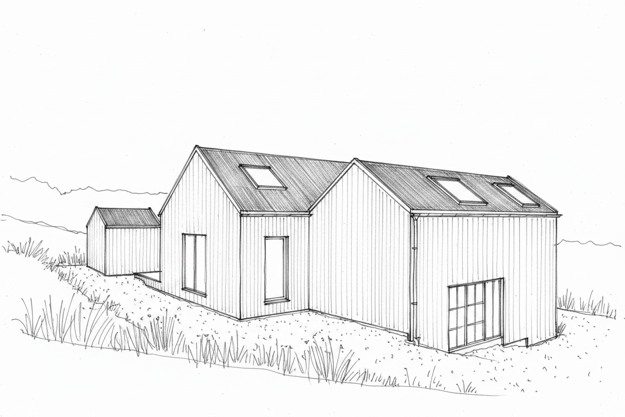 Pencil sketch of two gabled cabins on a hillside