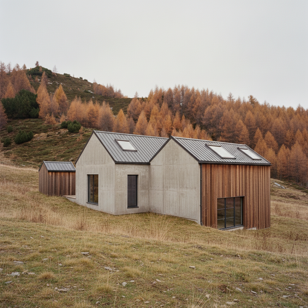 Concrete and timber cabins in autumn