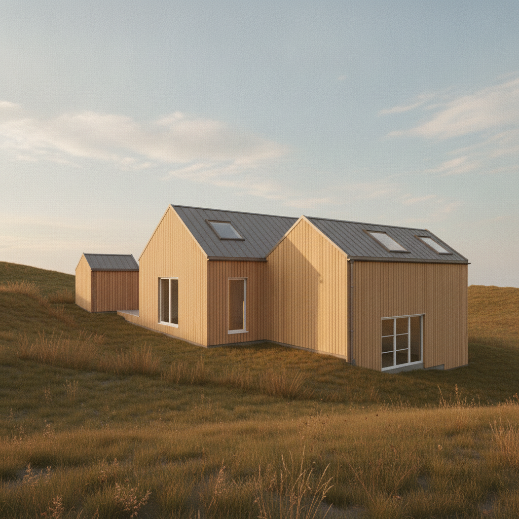 Timber cabins at golden hour