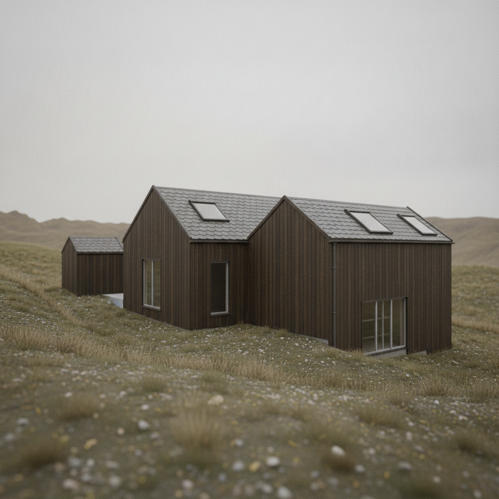 Dark timber cabins on an overcast day
