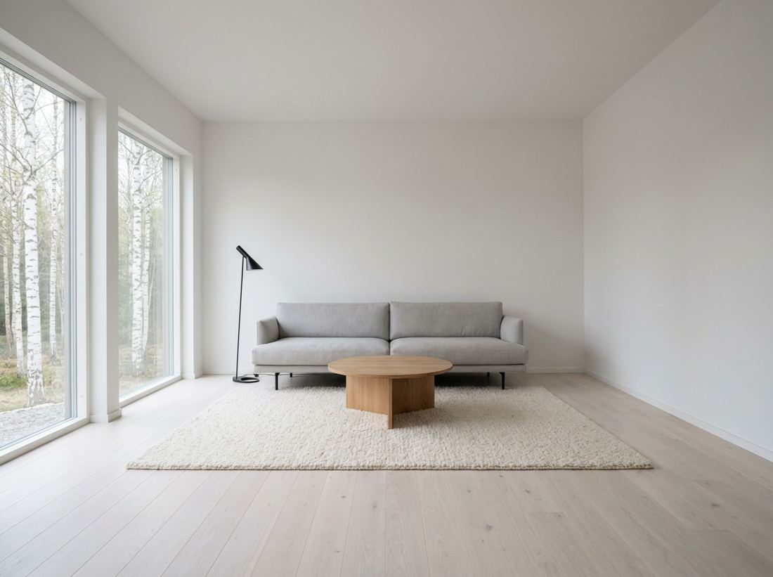 A calm living room with a grey sofa and white walls