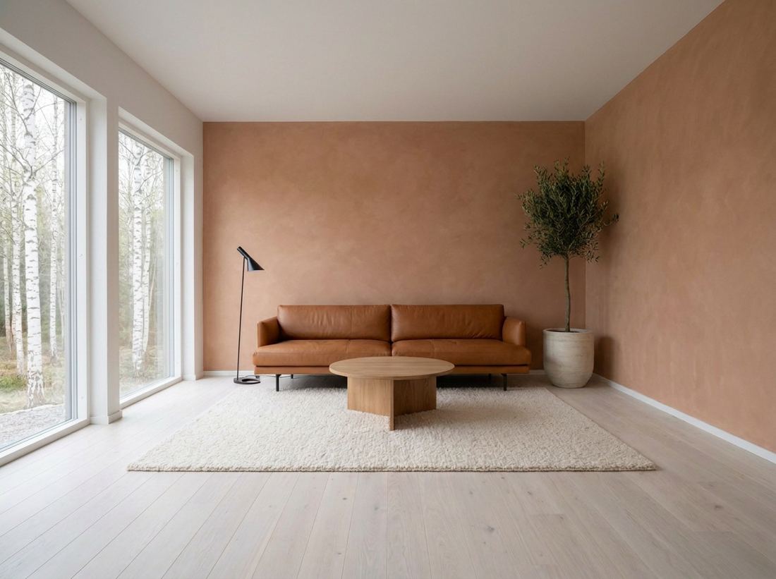 The same room with a cognac leather sofa, terracotta plaster and an olive tree