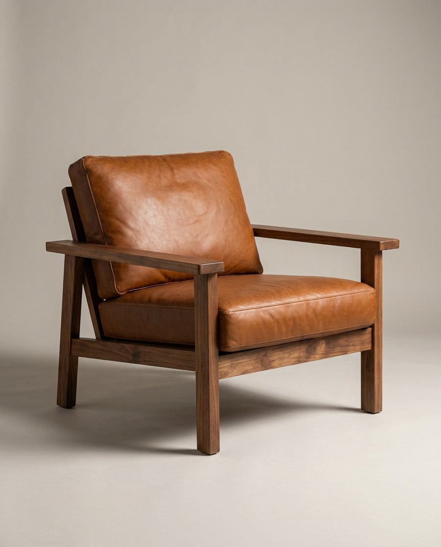 Leather and walnut armchair on a studio backdrop