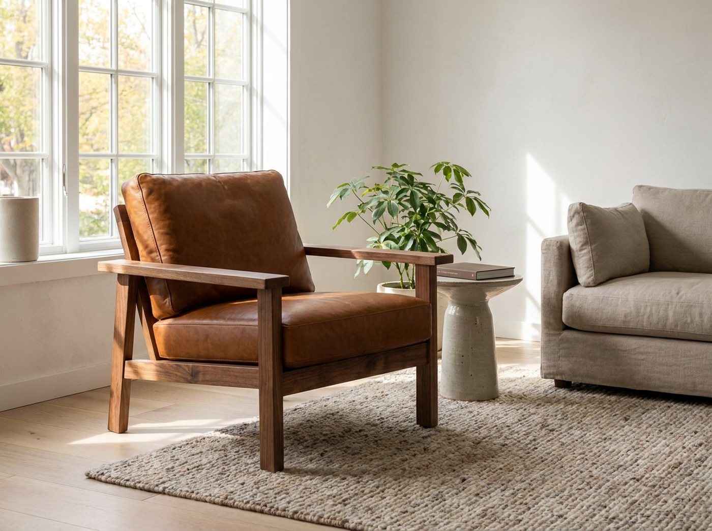 Leather and walnut armchair in a sunlit living room